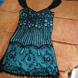 Betsey Johnson Teal Satin Dress with Black Lace Trim